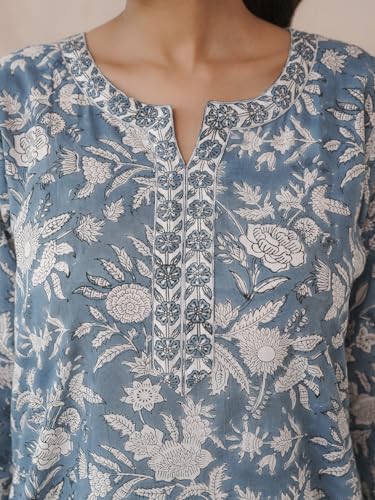 Image of GOODHAND Pure Cotton Floral Printed Long Kurta for Women | Straight Fit Ethnic Kurta | Round Neck 3 /4 Sleeve Kurta