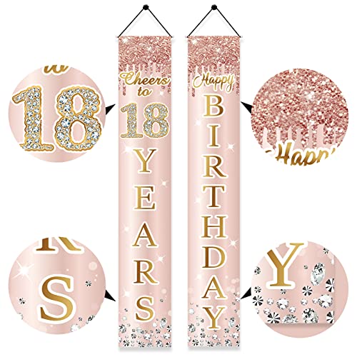 Image of 18th Birthday Door Banner Decorations for Girls, Pink Rose Gold Happy Eighteen Birthday Door Porch Backdrop Party Supplies, Happy Birthday Cheers To 18 Years Sign Decor