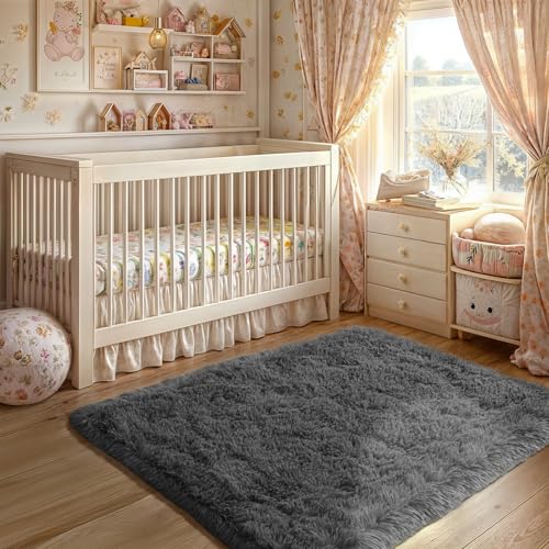 Grey 3' x 2' Modern Fluffy Area Rug for Bedroom, Living Room, Kids Playroom, Nursery Room, Teen Living Room, Dorm