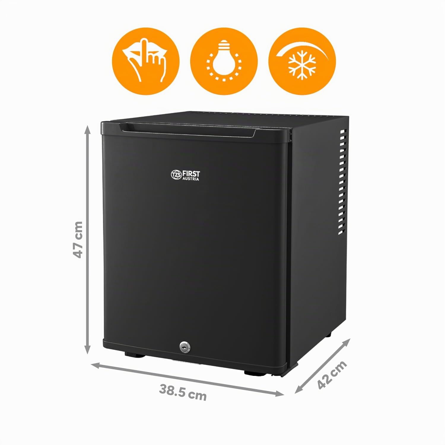 TZS First Austria - Mini Frigorífico 30L completamente silencioso - Pequeño Minifrigo con puerta reversible y luz interior - Minibar para camping, oficina, dormitorio y hotel - Negro mate