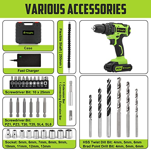 Yougfin Cordless Power Drill Set,20V Electric Drill With Fast Charger,3/8-Inch Keyless Chuck,2 Variable Speed,25+1 Torque Setting Power Tools Kit And 34Pcs Drill/Driver Bits #TOP5