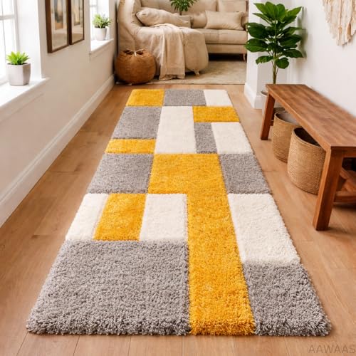 Image of Xenluxe 3D Shaggy Polyester Carpet Rug Runner Area Mats for Bedroom /Living Area /Home with Anti Slip Backing Soft /Fluffy Hight Pile - (3D Yellow B, 2x10 feet)