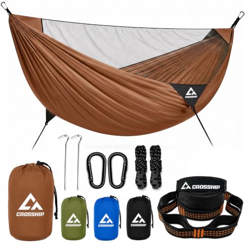 Image of Camping Hammock with Mosquito Net - Portable Parachute Nylon Hammock Tent with Tree Straps, Camp Rope & Stake - for Hiking, Backpacking, Travel, Backyard, Beach - Holds Up to 500lbs (Orange)
