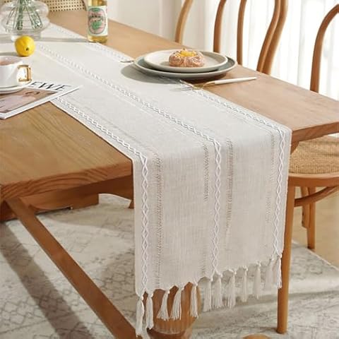 PABUSIOR Chassic Farmhouse Style Table Runners with Tassel, Ivory Table Runners 78.7 Inches Long, Farmhouse Woven Home Decor, 78.7 x 13 Inch, Off-White Cover