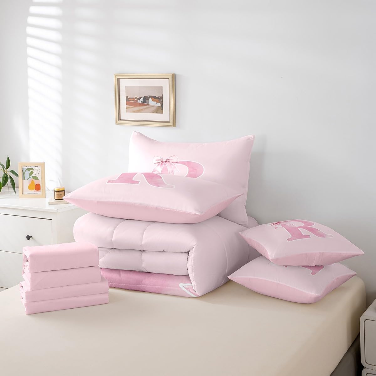 Erosebridal 7-Piece Bowknot Comforter Set Twin,Monogrammed Bows Bedding Set for Girls,Initial Birthday Gifts Bed in a Bag for Mom Daughter Sister,Unique Customized Bedroom Room Decor(R) - Image 6