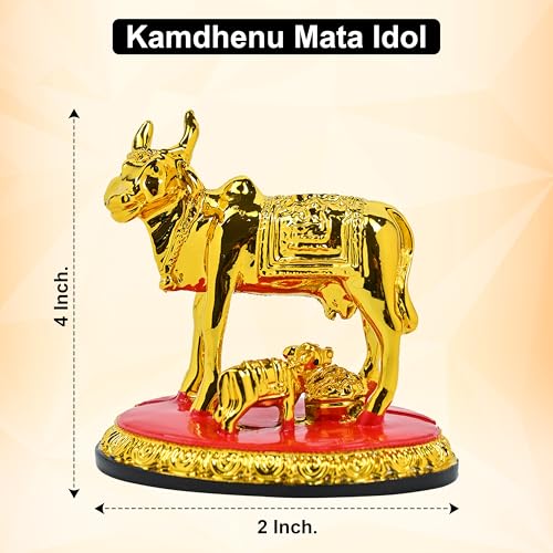 Image of HindCraft Kamdhenu Cow and Calf Idol - Golden Cow and Calf Statue for Pooja Room, Home, Office Decor - Vastu, Feng Shui Symbol of Good Luck - Kamdhenu Gau MATA Statue, Figurine