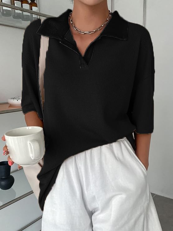 Image of Zilcon Womens Half Sleeve Oversized Tshirt for Woman Trendy Casual V Neck Summer Collared Preppy Tops Fashion Loose Fitted Western Tops for Women Stylish