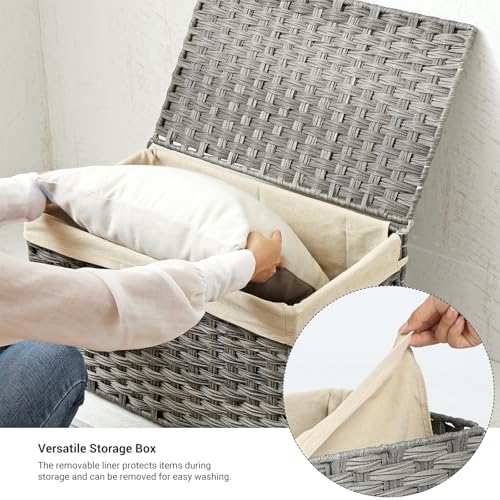 SONGMICS Storage Basket with Lid, Woven Blanket Storage Bin with Handles, Foldable, Removable Liner, Metal Frame, for Bedroom, Laundry Room, 42.3 Gallons (160 L), Gray URST76WG