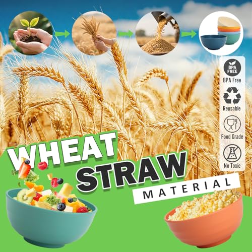 Image of Wheat Straw Bowls 60 OZ, Unbreakable Large Salad Bowl Set of 6, Microwave and Dishwasher Safe Big Bowls for Kitchen, Camping, Picnic, RV, Serving Bowl Set for Ramen, Cereal, Soup - Multi