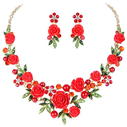 EVER FAITH Crystal Simulated Pearl Romantic Red Rose Flower Leaf Necklace Pierced Earrings Set Gold-Tone