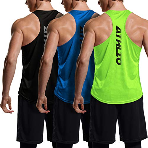 Athlio Men's Dry Fit Muscle Workout Tank Tops, Y-Back Bodybuilding Gym Shirts, Athletic Fitness Tank Top, Cube Tank Top 3Pack Black/Neon Green/Blue, Large #TOP21