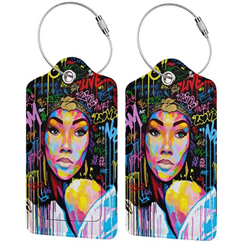 QDLDQ African American Women with Afro Urban Graffiti Leather Luggage Tags Etag for Suitcases Travel Name ID Identification Labels Set for Bags with Full Back Privacy Cover and Steel Loop