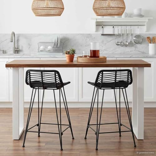 Tabouret de bar en acier noir et rotin tressé haut de gamme réglable avec dossier lot de 2
