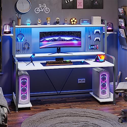 SEDETA White Gaming Desk, 55" Computer Desk with Hutch and Shelves, Gaming Desk with LED Lights