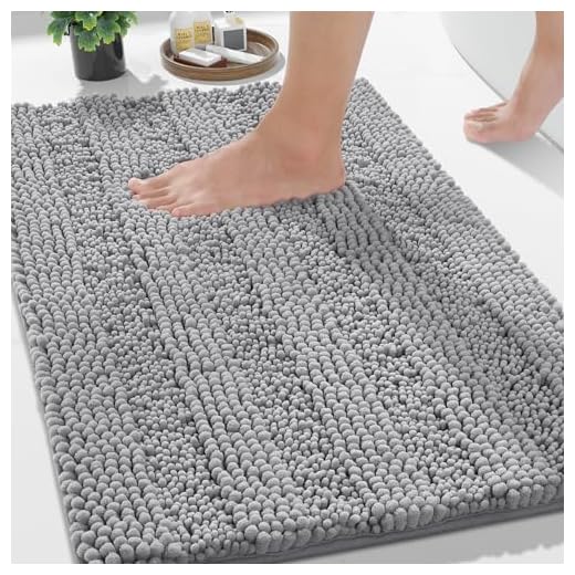 Yimobra Chenille Striped Bathroom Rug Mat, Luxury Extra Thick and Soft Shaggy Microfiber Bath Rugs, Absorbent, Non-Slip, Machine Washable, Plush Bath Mats for Bathroom Floor, 32" x 20", Light Grey