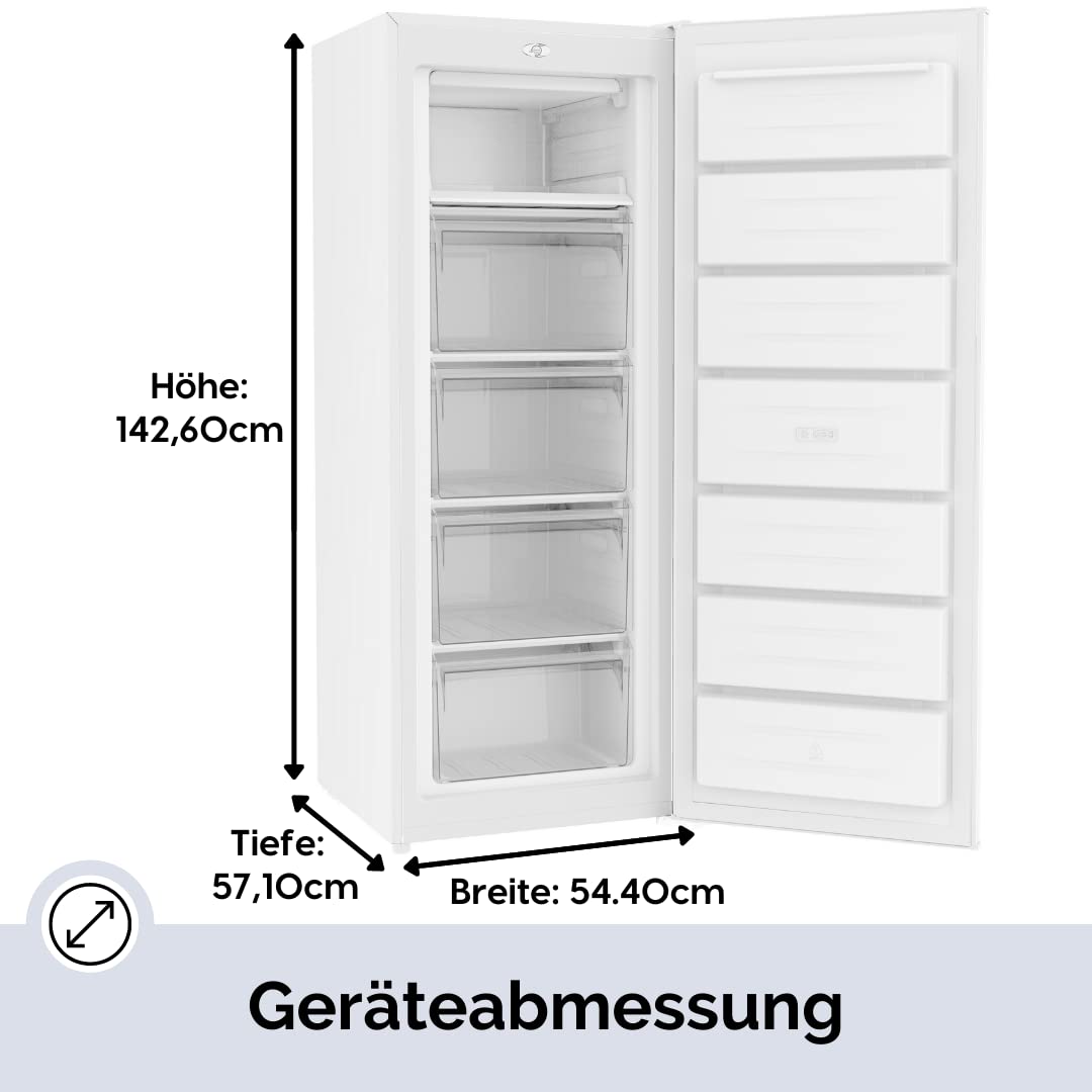 PKM Stand Gefrierschrank GS168-M | 168L Nutzinhalt | 142x55cm | inkl. Dual-Modus für Tiefkühlung & Kühlung | 4****Gefrierfach | Standgerät | Leise Laufleistung 40dB I Weiß