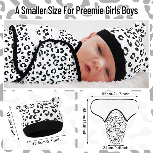 Image of Buryeah 4 Pack Preemie Swaddle Blanket Wrap Set with Hat for Baby Boys Girls 3-7 Lbs Preemie Newborn Clothes Sleepers Cap (Black and White,Leopard)