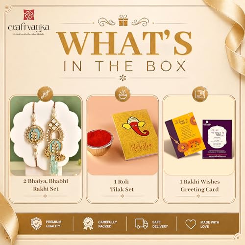 Image of CraftVatika Set of 2 Rakhi for Brother and Bhabhi, Designer Rakhis for Rakshabandhan, Bhaiya Bhabhi Rakhi Set for Rang Panchami, Best Wishes Greeting Card and Tillak Set, Premium Thread Raki for Him