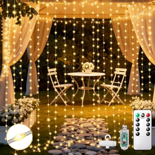 Curtain String Lights 3x3m - 300 High-Brightness LEDs Fairy Lights with Remote, 8 Modes, Timer, Durable Wires, USB Powered & IP44 Waterproof - Perfect for Wedding, Party, Bedroom & Outdoor Décor(Warm)