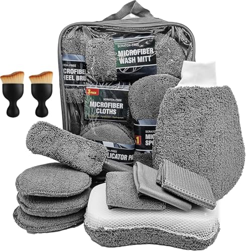 Auto Reinigungsset, 11Pcs Autowäsche Set Auto Waschen Set mit Reifenbürste,mehrzweck-reinigungstüchern, polierpad und Schwamm,innenreinigung weiche bürste für automovie, Grau