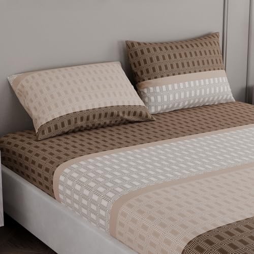Image of BLISSHOME SoftTouch 150TC Cotton King Size Fitted Bedsheet with 2 Pillow Covers, Silky Smooth Bedding Set, Breathable, Easy Maintain, Geometric Pattern - Brown (183cm x 198cm + 25cm Drop)