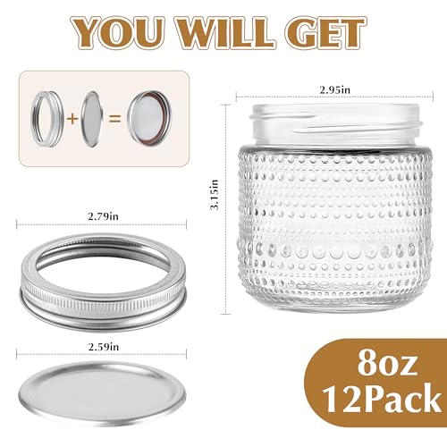 image for WACOI Mason Jars 8 Oz with Lids 12 Packs, Vintage Small Glass Canning 