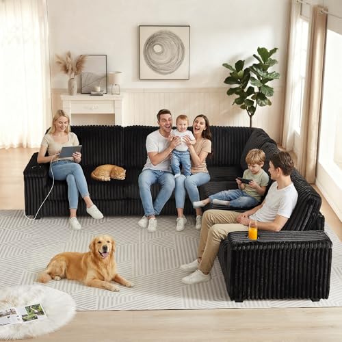 Image of L Shaped Couches for Living Room, Oversized Modular Sectional Sofa with Armrest Storage, USB Ports and Cup Holders, 5 Seats Corduroy Couch for Living Room, Bedroom and Apartment, Matte Black