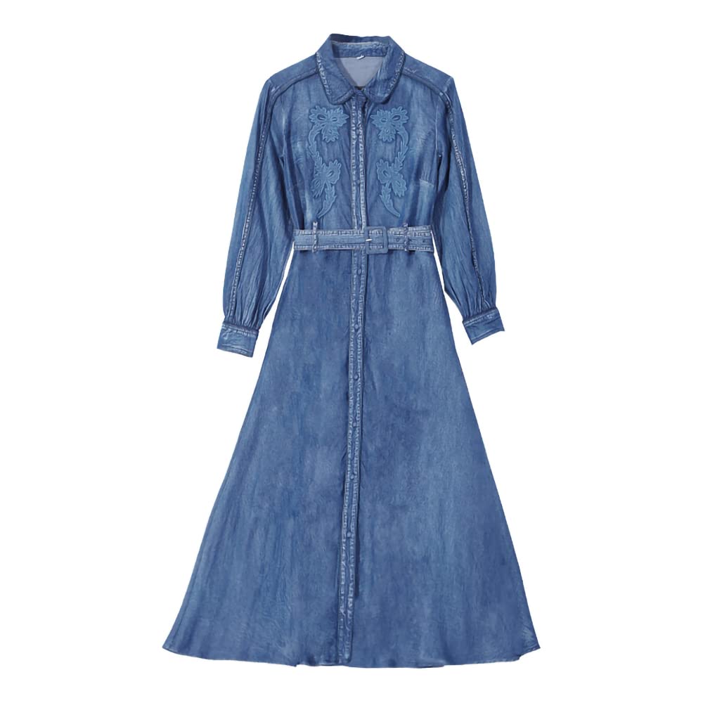 Vestido largo de mujer retro con solapa bordada, bolsillo en el pecho, corte ajustado, manga larga, para fiestas, maxi vestido vaquero con cinturón.
