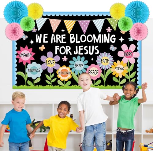 Image of Christian Religious Bulletin Board Set Summer Floral Sunday School Classroom Decoration Positive Paper Fans 3D DIY We are Blooming for Jesus Cutouts for Church VBS Chalkboard Wall Prayer Board Decor