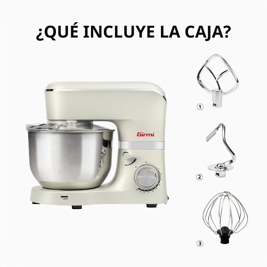 Girmi IM47 - Amasadora de 6 litros, capacidad de 6 litros, masa hasta 2,4 kg, 1500 W máx. Pulse, 10 velocidades, recipiente de acero inoxidable, accesorios incluidos, nata