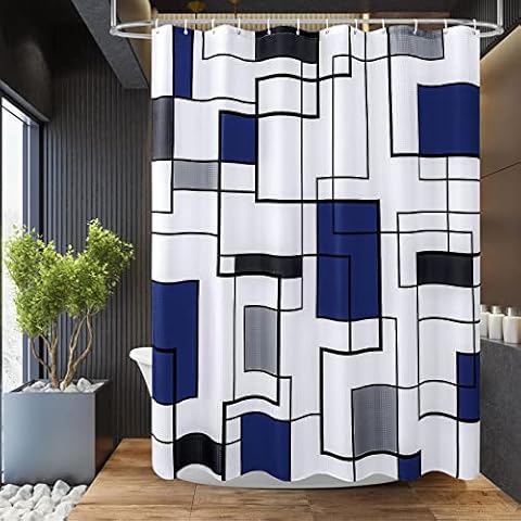 Gibelle Extra Long Shower Curtain 72 x 84, Tall Waffle Weave Texture Fabric Shower Curtain Set, Navy Blue Black Grey White Geometric Shower Curtain for Modern Bathroom Decor Cover