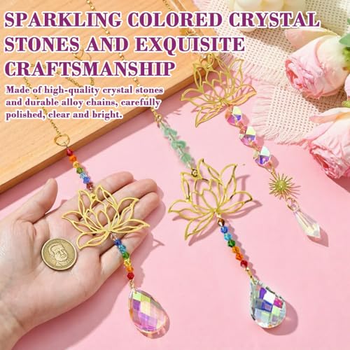 Image of HASTHIP 3 Pcs Lotus Color Crystal Stone Hanging, Suncatcher Wall Hanging Ornaments, Cutout Lotus Charm Zen Decor Rainbow Beaded Gem Suncatcher Wind Chime for Door, Window, Room