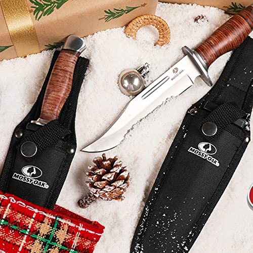 Mossy Oak 2-Piece Bowie Knife, Fixed Blade Hunting Knife With Leather Handle, Sheath Included #TOP1