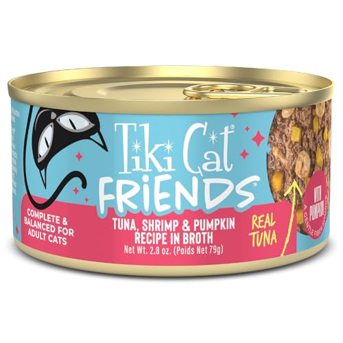 Image of Tiki Cat Friends Tuna, Shrimp & Pumpkin, Grain Free, 2.8 oz. Can, 12 Count | Grain free, high moisture wet cat food for adult cats, gentle fiber from pumpkin, 12 cans per pack