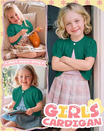Image of Toddler Girls Cardigan Sweater | Short Sleeve Cardigan, School Wear Sweater, 18M-5T, Knit Baby Bolero Shrug, Cropped Puff Summer Tops, Button Open Front Shirt