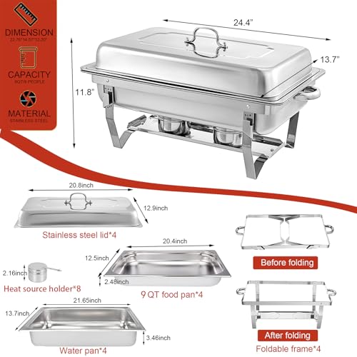 Image of Chafing Dishes for Buffet, 4 Pack 9 Quart Stainless Steel Buffet Set