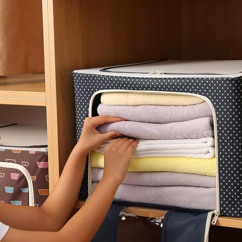 Image of 66 Ltr storage bag Foldable Steel Frame Cloths Zip Organizer Bag and Oxford Fabric Storage Living Cover Boxes For Wardrobe Organizer Shelves Clothes, Sarees, Bed Sheet, Blanket (Pack of 1)