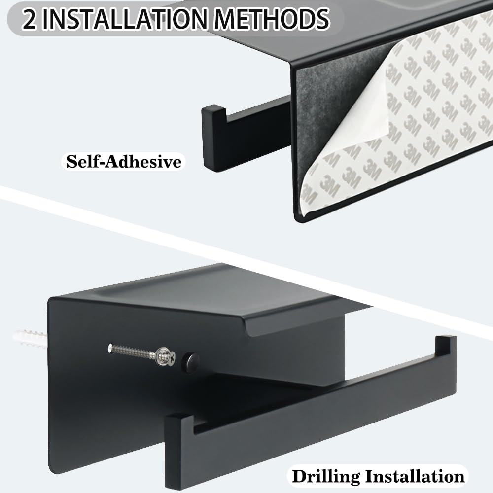 Alise GYT5002-B - Portarrollos de papel higiénico doble para baño con estante, dos instalación de autoadhesivo y perforación de pared, acabado negro mate