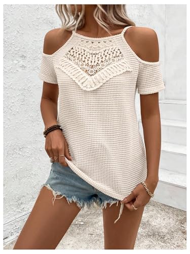 SOLY HUX Women's Cold Shoulder Hollow Out Lace T Shirts Summer Short Sleeve Knit Tee Tops2