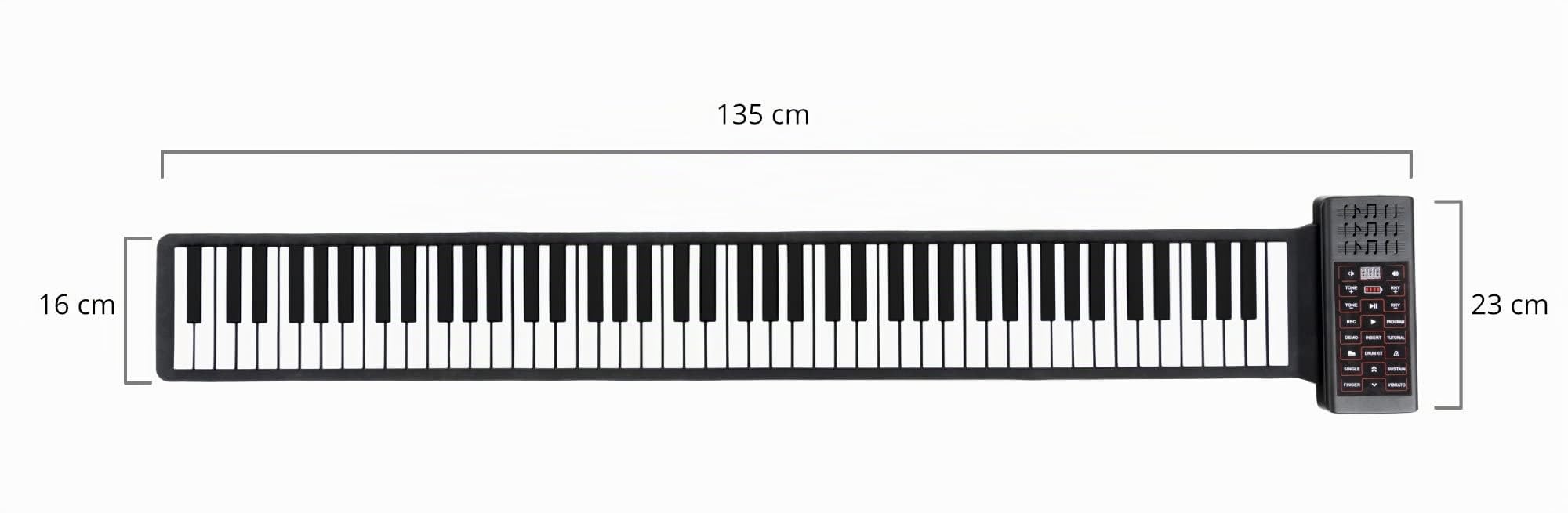 McGrey RA-88 Rollpiano con Batteria, Generale, 88 tasti in silicone | 128 timbri, 128 ritmi di accompagnamento, 14 brani demo, Display LED, Interfaccia MIDI-USB, Uscita cuffie, Ingresso microfono