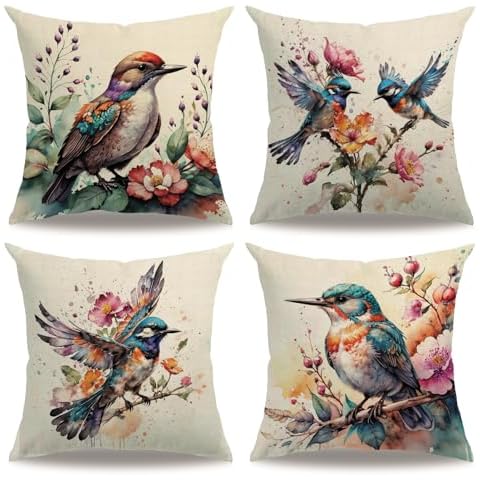 7COLORROOM 4Pack Watercolor Birds Pillow Covers Spring Birds Cushion Cover Farmhouse Summer Tropical Flowers Decorative Pillowcases 18x18 inch for Patio Furniture Bed (Blue, 18”×18”) Cover