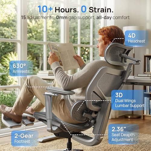 Image of Ergonomic Office Chair with Adaptive Dual-Wing Lumbar Support - Over 10 Hours Sitting Comfortable Mesh Big and Tall Home Desk Chair, 4D Headrest, 2-Gear Footrest, 630 Armrst, Seat Depth Adjustable