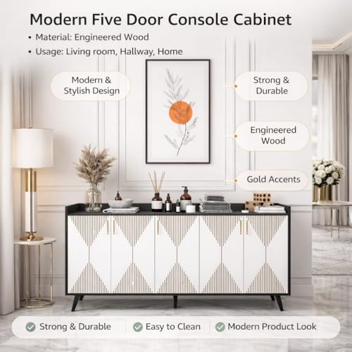 Image of Spyder Craft Mid-Century Modern 5-Door Sideboard Buffet - Geometric Diamond Pattern Credenza with Gold Hardware & Tapered Legs - Large Wood Storage Cabinet for Living Room, Dining Room- Black & White