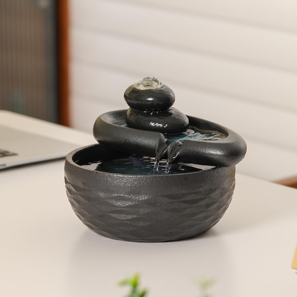 Ceramic Tabletop Desktop Fountain Indoor Home Kitchen Office Decoration (Black)