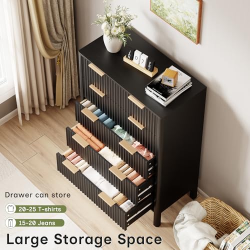 Image of 47 inch Tall Dressers for Bedroom Fluted 5 Drawer Dresser, Wooden Dresser Modern Chest of Drawers Dressers with Organizer Storage for Bedroom, Living Room, Entryway, Black