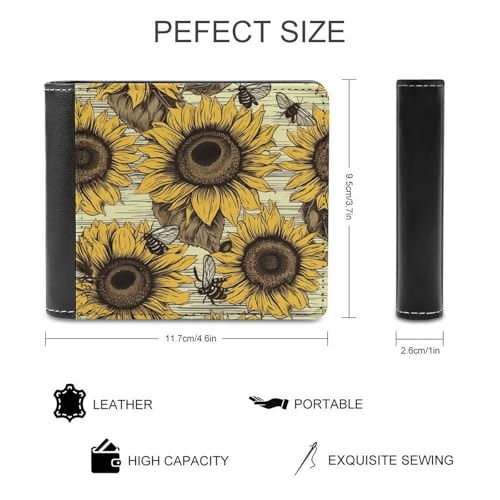 Men's Leather Wallet Bifold Wallet for Men Bees Sunflower Slim Wallet with Multiple Card Classic Passcase Mens Card Holder2