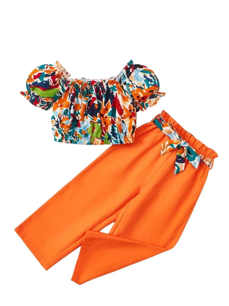 Image of Tagas Girl Summer Casual Top Puff Sleeve and Printed Long Pants 2pcs Outfit || Two-Piece Set FOR GIRLS ||Girls Clothing Set||(GTP-70)