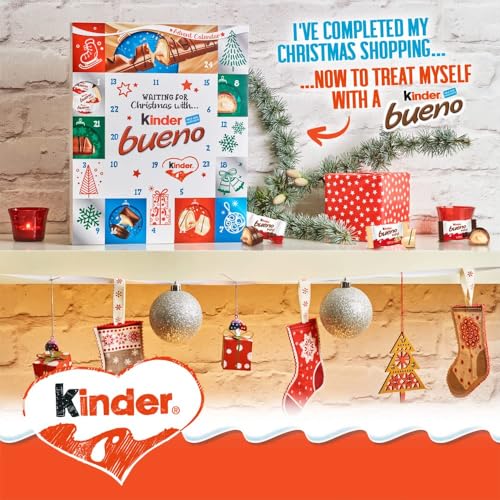 Kinder Bueno Advent Calendar 2024, Christmas Advent, 24 Assorted Milk Chocolate Covered Wafers with Milky and Hazelnut Filling, (167g)