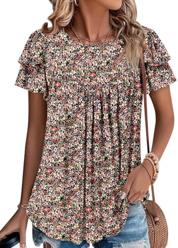 Magritta Women’s Shirts Dressy Casual Short Sleeve Blouses Loose Fit Pleated Front Summer Tunic Tops