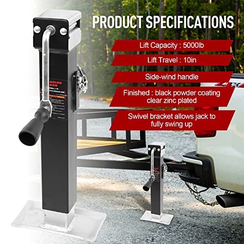 NBJINGYI Heavy Duty 5000LB Trailer Jack - 10\" Lift, Pipe Mount Swivel Jack with Lock Pin, Square Tube Mount, Side Wind Handle & Foot Plate, Black Coating. - Thumbnail 6